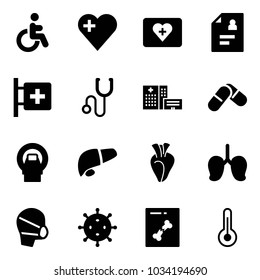 Solid vector icon set - disabled vector, heart, first aid kit, patient card, room, stethoscope, hospital building, pills, mri, liver, lungs, medical mask, virus, x ray, thermometer