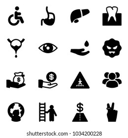 Solid vector icon set - disabled vector, stomach, liver, tooth, bladder, eye, drop hand, virus, investment, pedestrian road sign, group, man globe, opportunity, dollar, victory