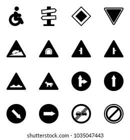 Solid vector icon set - disabled vector, road signpost sign, main, giving way, climb, tunnel, intersection, rough, cow, only forward right, detour, end overtake limit, no parking
