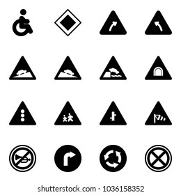 Solid vector icon set - disabled vector, main road sign, turn right, left, climb, steep descent, embankment, tunnel, traffic light, children, intersection, side wind, no horn, only, circle, stop