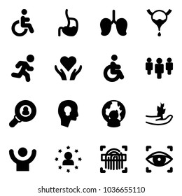 Solid vector icon set - disabled vector, stomach, lungs, bladder, run, heart care, group, head hunter, bulb, man globe, hand sproute, success, star, fingerprint scanner, eye