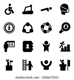 Solid vector icon set - disabled vector, treadmill, push ups, medical mask, no pedestrian road sign, social, friends, head hunter, presentation, contact book, success, career, win, opportunity