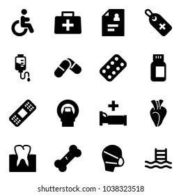 Solid vector icon set - disabled vector, doctor bag, patient card, medical label, drop counter, pills, blister, bottle, patch, mri, hospital bed, heart, tooth, broken bone, mask, pool