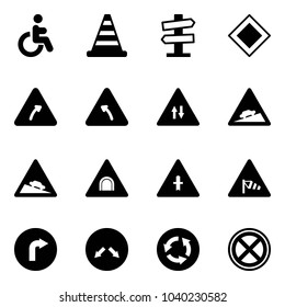 Solid vector icon set - disabled vector, road cone, signpost sign, main, turn right, left, oncoming traffic, climb, steep descent, tunnel, intersection, side wind, only, detour, circle, no stop