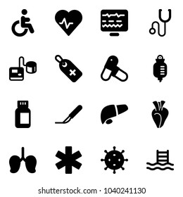 Solid vector icon set - disabled vector, heart pulse, diagnostic monitor, stethoscope, tonometer, medical label, pills, drop counter, bottle, scalpel, liver, lungs, ambulance star, virus, pool