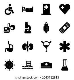 Solid vector icon set - disabled vector, hotel, first aid room, heart, tonometer, lab, drop counter, medical patch, stomach, kidneys, bladder, ambulance star, virus, pool, doctor hat, flask