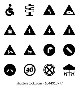 Solid vector icon set - disabled vector, road signpost sign, turn left, climb, tunnel, intersection, side wind, cow, only right, detour, end speed limit, no stop, outdoor cafe