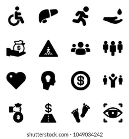 Solid vector icon set - disabled vector, liver, run, drop hand, investment, pedestrian road sign, group, heart, head bulb, dollar, team leader, rich, feet, eye scanner