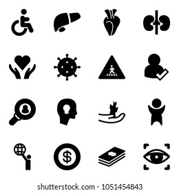 Solid vector icon set - disabled vector, liver, heart, kidneys, care, virus, pedestrian road sign, user check, head hunter, bulb, hand sproute, success, world, dollar, eye scanner
