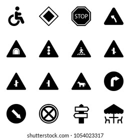 Solid vector icon set - disabled vector, main road sign, stop, turn left, tunnel, traffic light, pedestrian, intersection, cow, only right, detour, no, signpost, outdoor cafe