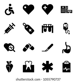 Solid vector icon set - disabled vector, heart, hospital building, syringe, medical label, vial, drop counter, diagnosis, pills, scalpel, stomach, tooth, ambulance star, pulse clipboard