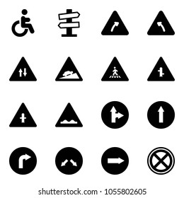 Solid vector icon set - disabled vector, road signpost sign, turn right, left, oncoming traffic, climb, pedestrian, intersection, rough, only forward, detour, no stop