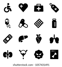 Solid vector icon set - disabled vector, heart, doctor bag, medical label, drop counter, pills, blister, vial, patch, liver, lungs, kidneys, bladder, virus, x ray