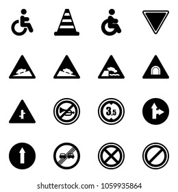 Solid vector icon set - disabled vector, road cone, giving way sign, climb, steep descent, embankment, tunnel, intersection, no horn, limited height, only forward right, end overtake limit, stop