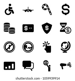 Solid vector icon set - disabled vector, plane, lollipop, dollar sign, coin, credit card, safe, account history, no parkin odd, trailer road, hand touch, globe, statistics, dialog, world, dryer