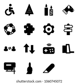 Solid vector icon set - disabled vector, christmas tree, candle, dog, friends, puzzle, gear, signpost, information exchange, up down arrows, joystick wireless, water power plant, jig saw, brush