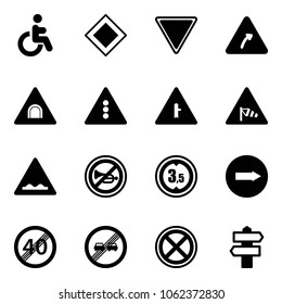 Solid vector icon set - disabled vector, main road sign, giving way, turn right, tunnel, traffic light, intersection, side wind, rough, no horn, limited height, only, end speed limit, overtake, stop