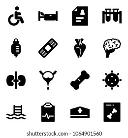 Solid vector icon set - disabled vector, hotel, patient card, vial, drop counter, medical patch, heart, brain, kidneys, bladder, broken bone, virus, pool, pulse clipboard, doctor hat, x ray