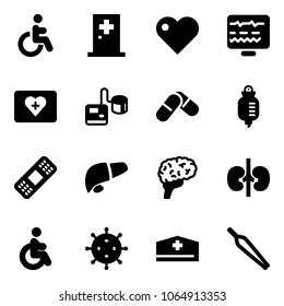 Solid vector icon set - disabled vector, first aid room, heart, diagnostic monitor, kit, tonometer, pills, drop counter, medical patch, liver, brain, kidneys, virus, doctor hat, forceps