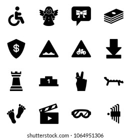 Solid vector icon set - disabled vector, angel, bow message, dollar, safe, rough road sign, for moto, download, chess tower, pedestal, victory, lounger, feet, movie flap, protective glasses