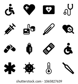 Solid vector icon set - disabled vector, heart, first aid kit, stethoscope, syringe, tonometer, thermometer, diagnosis, pills, drop counter, medical patch, ambulance star, virus, forceps