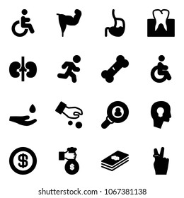 Solid vector icon set - disabled vector, power hand, stomach, tooth, kidneys, run, broken bone, drop, investment, head hunter, bulb, dollar, rich, victory