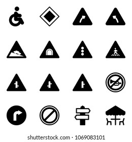 Solid vector icon set - disabled vector, main road sign, turn right, left, steep descent, tunnel, traffic light, pedestrian, intersection, no horn, only, parking, signpost, outdoor cafe