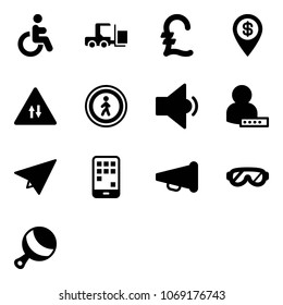 Solid vector icon set - disabled vector, fork loader, pound, dollar pin, oncoming traffic road sign, no pedestrian, low volume, user password, paper plane, mobile, speaker horn, protective glasses