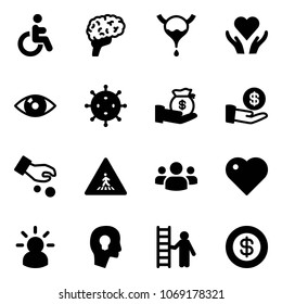 Solid vector icon set - disabled vector, brain, bladder, heart care, eye, virus, investment, pedestrian road sign, group, idea, head bulb, opportunity, dollar