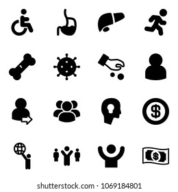 Solid vector icon set - disabled vector, stomach, liver, run, broken bone, virus, investment, user, login, group, head bulb, dollar, world, team leader, success, money