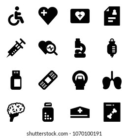 Solid vector icon set - disabled vector, heart, first aid kit, patient card, syringe, diagnosis, lab, drop counter, pills bottle, medical patch, mri, lungs, brain, doctor hat, x ray
