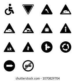 Solid vector icon set - disabled vector, giving way road sign, turn left, climb, steep descent, embankment, tunnel, traffic light, children, intersection, only forward right, circle