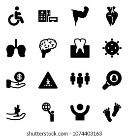 Solid vector icon set - disabled vector, hospital building, power hand, heart, lungs, brain, tooth, virus, investment, pedestrian road sign, group, head hunter, sproute, world, success, feet