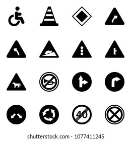 Solid vector icon set - disabled vector, road cone, main sign, turn right, left, climb, traffic light, intersection, cow, no horn, only forward, detour, circle, end speed limit, stop