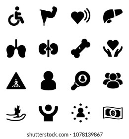 Solid vector icon set - disabled vector, power hand, heart beat, liver, lungs, kidneys, broken bone, care, pedestrian road sign, user, head hunter, group, sproute, success, star man, money