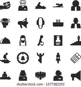 Solid vector icon set - dish flat vector, person, target audience, investments, team, massage, headache, gestation, nurse, badge, phone operator, businessman, career ladder, scientist, swimming