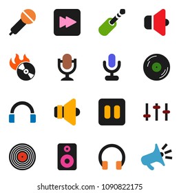 solid vector icon set - disk vector, music hit, microphone, speaker, settings, headphones, pause button, forward, jack, loudspeaker