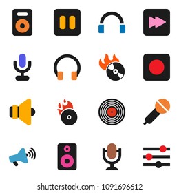 solid vector icon set - disk vector, music hit, microphone, speaker, loudspeaker, headphones, pause button, forward, rec, equalizer