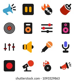 solid vector icon set - disk vector, music hit, microphone, speaker, settings, pause button, rec, rca, equalizer, loudspeaker