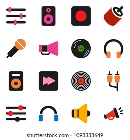 solid vector icon set - disk vector, microphone, speaker, loudspeaker, headphones, forward button, rec, rca, equalizer