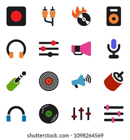 solid vector icon set - disk vector, music hit, loudspeaker, settings, microphone, headphones, speaker, rec button, rca, jack, equalizer