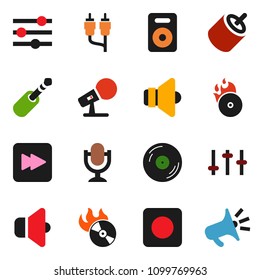 solid vector icon set - disk vector, music hit, microphone, speaker, settings, forward button, rec, rca, jack, equalizer, loudspeaker
