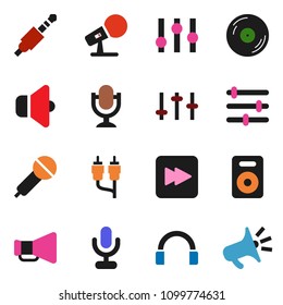 solid vector icon set - disk vector, microphone, speaker, loudspeaker, settings, headphones, forward button, rca, jack, equalizer