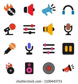 solid vector icon set - disk vector, music hit, microphone, speaker, headphones, pause button, equalizer, loudspeaker