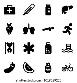 Solid vector icon set - doctor bag vector, thermometer, vial, liver, heart, lungs, push ups, run, pull, ambulance star, pills bottle, pool, eggplant, watermelone, pineapple, bike