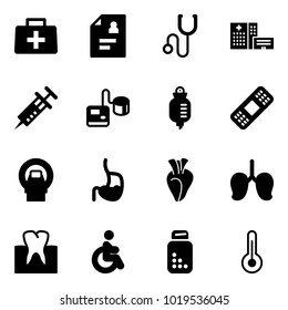 Solid vector icon set - doctor bag vector, patient card, stethoscope, hospital building, syringe, tonometer, drop counter, medical patch, mri, stomach, heart, lungs, tooth, disabled, pills bottle