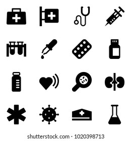 Solid vector icon set - doctor bag vector, first aid room, stethoscope, syringe, vial, pipette, pills blister, bottle, heart beat, bacteria, kidneys, ambulance star, virus, hat, flask