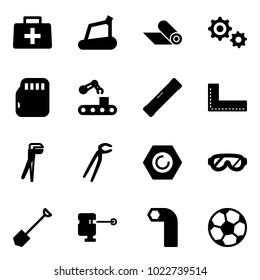 Solid vector icon set - doctor bag vector, treadmill, mat, gear, micro flash card, conveyor, level, corner ruler, plumber, nut, protective glasses, shovel, laser lever, allen key, soccer ball