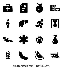 Solid vector icon set - doctor bag vector, patient card, apple, hospital building, carrot, liver, run, pull ups, abdominal muscles, ambulance star, sweet pepper, pear, spica, banana, watermelone