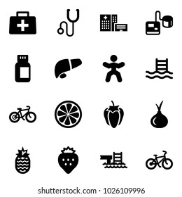 Solid vector icon set - doctor bag vector, stethoscope, hospital building, tonometer, pills bottle, liver, gymnastics, pool, bike, lemon slice, sweet pepper, onion, pineapple, strawberry